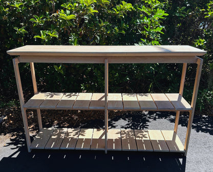 image of white oak console with slatted shleves.