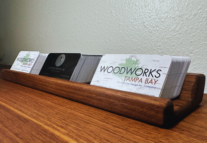 Image of Black Walnut business card stand from the front right corner.